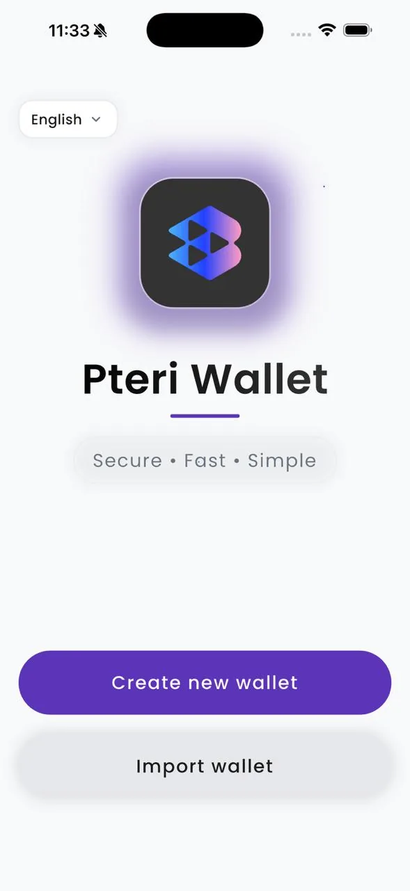 PTERI Wallet welcome screen, purple, light theme
