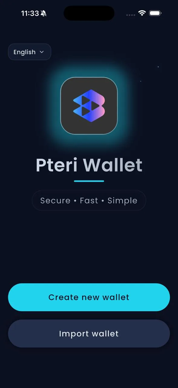 PTERI Wallet welcome screen, cyan, midnight theme