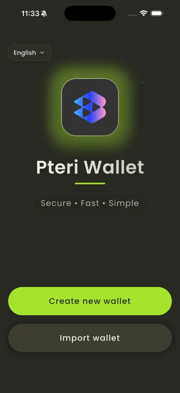 PTERI Wallet welcome screen, lime theme