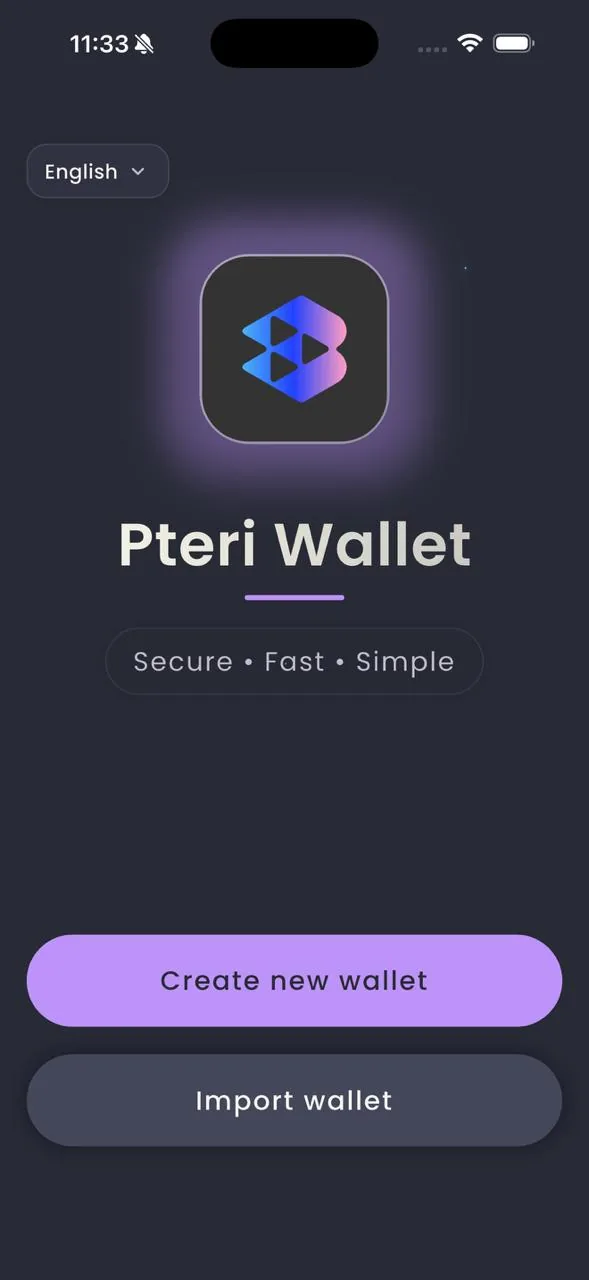 PTERI Wallet welcome screen, lavender theme